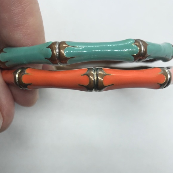 Vintage 2 Copper Enamel Bamboo Bangles Bracelet - Picture 2 of 6
